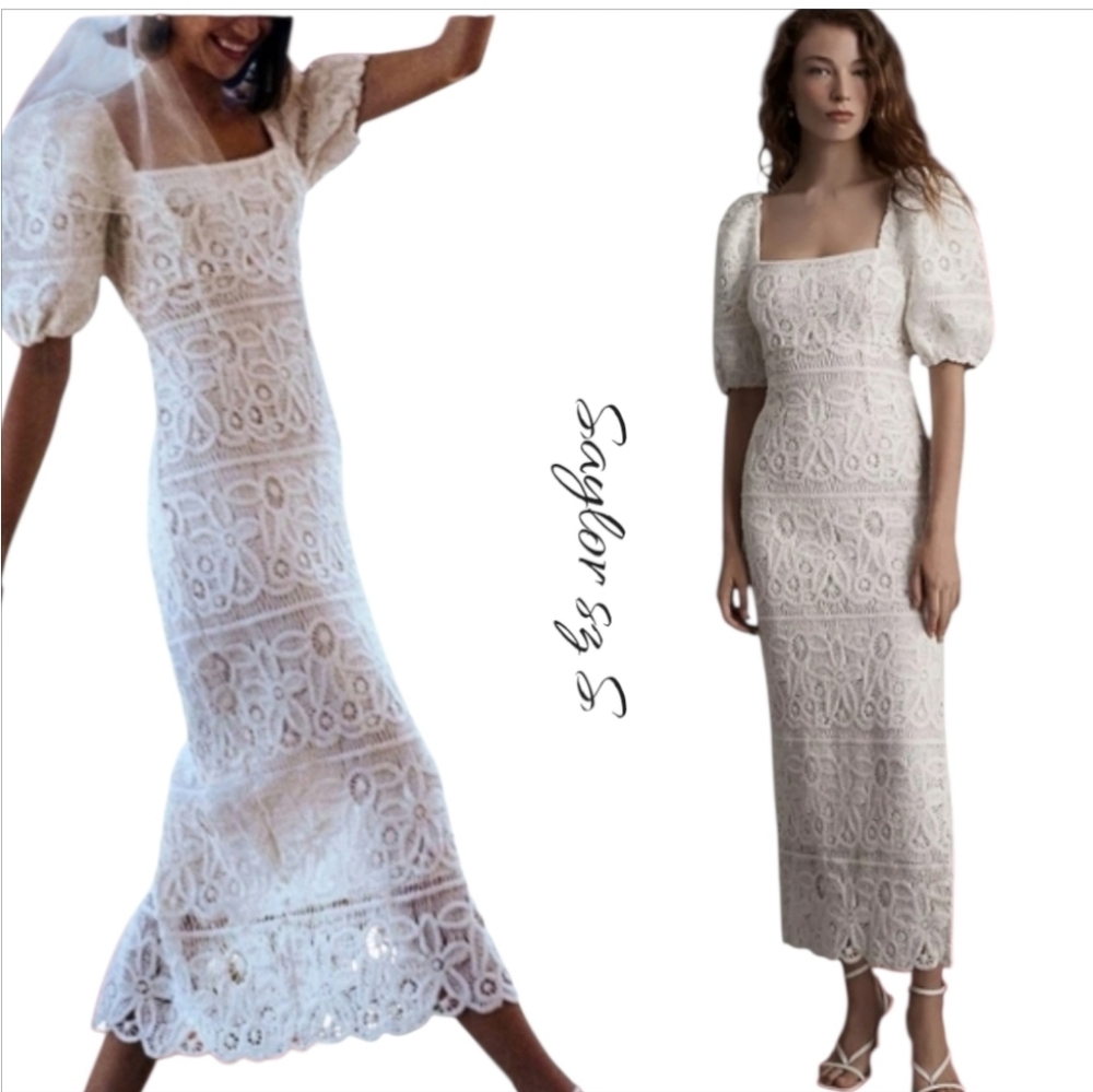 NWT Saylor Anthropologie Keaton White Lace Puff Sleeve Midi Dress S Bridal